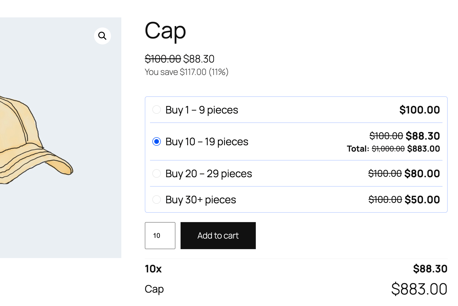 Product page with tiered pricing options, totals and You save badge